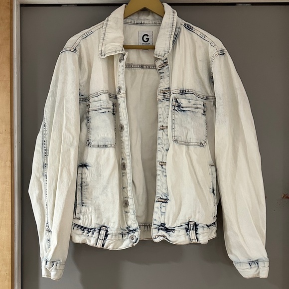 G by Guess White Denim Jacket with Feathered Headdress Skull Print on Back - Picture 2 of 6